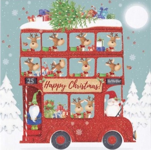 Santa & His Reindeer On The Bus Christmas Card